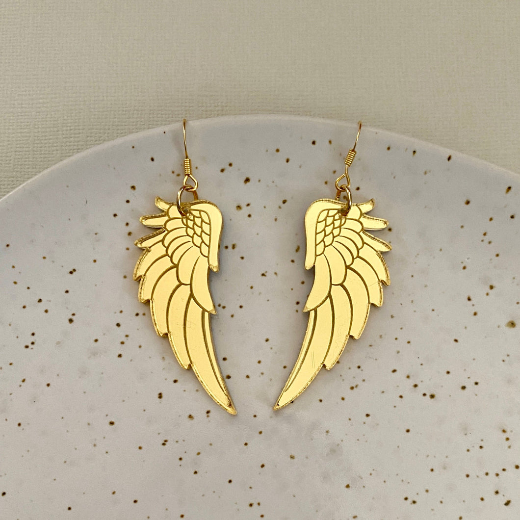 Angel Wing Drop Earrings - Gold Mirror